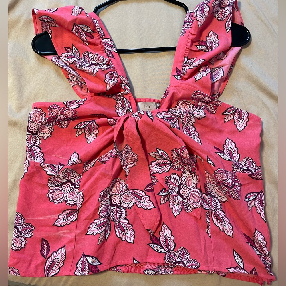 LOFT Pink Flutter Sleeve Tie Front Crop Tank Top
